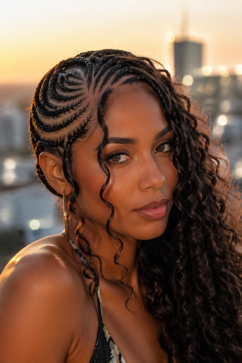 Portrait of a woman with side-swept goddess cornrows and face-framing curls.
