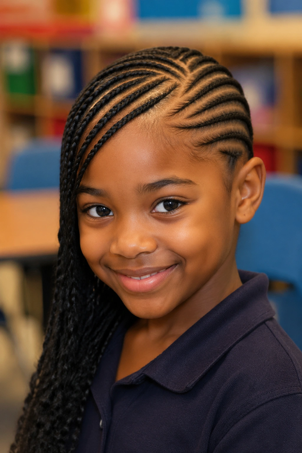 Child with side-swept curved-front cornrows