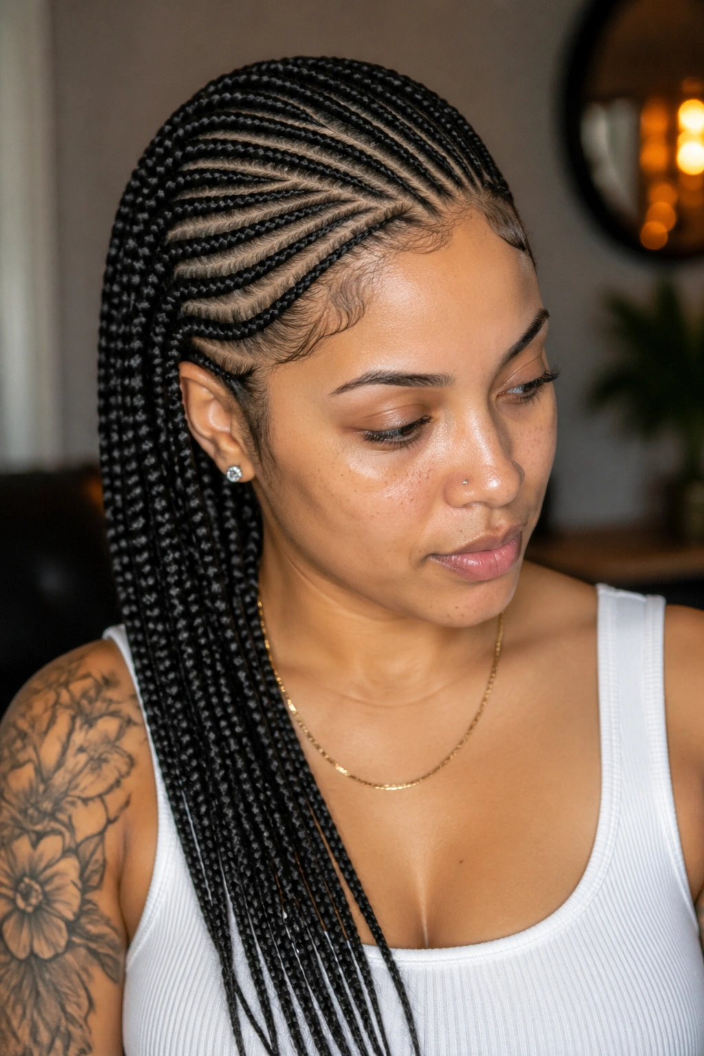 Close-up of side-swept cornrows forming a diagonal line across a real woman's head