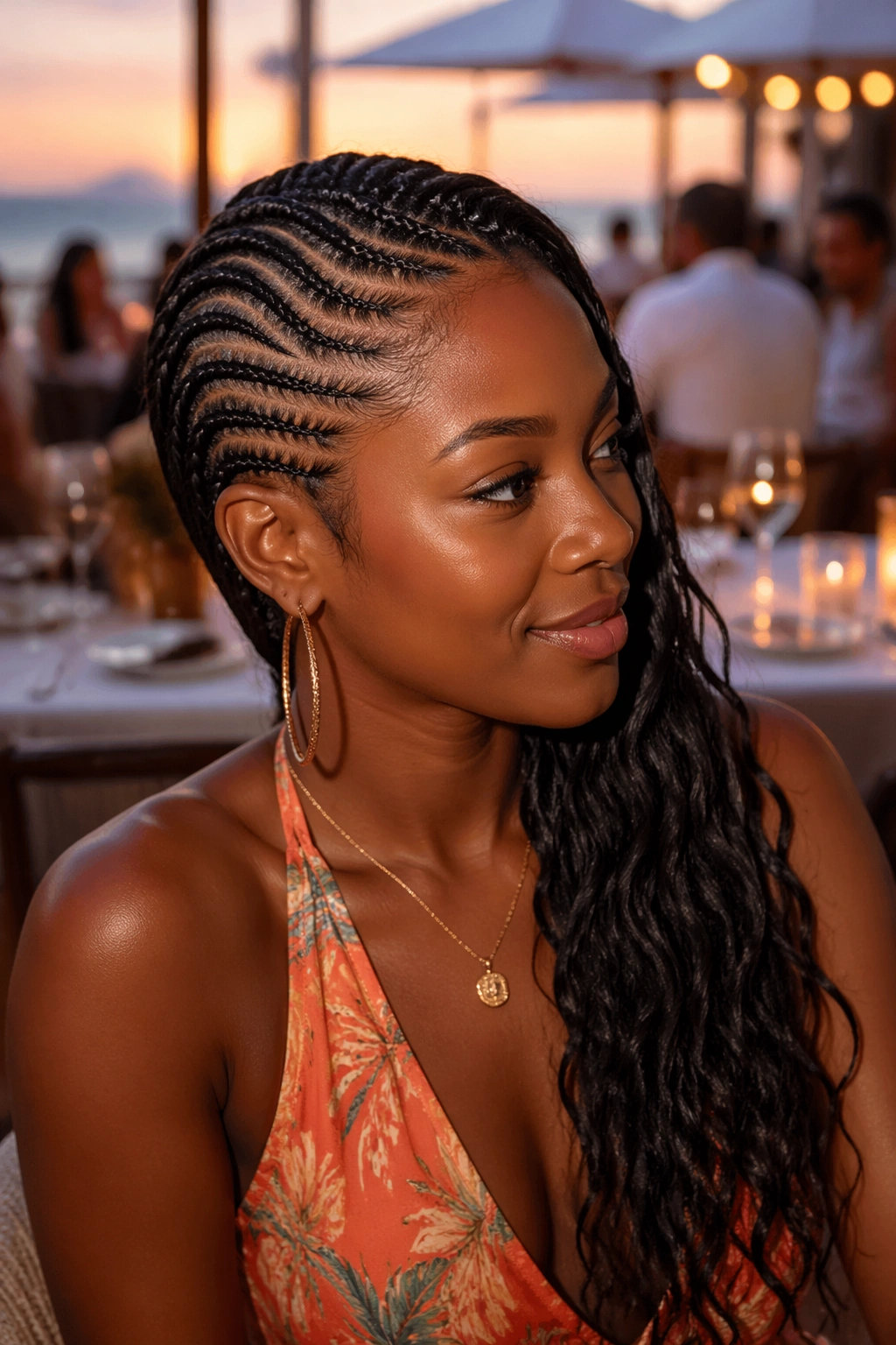 Real woman with side-swept cornrows and loose ends by sunset dinner