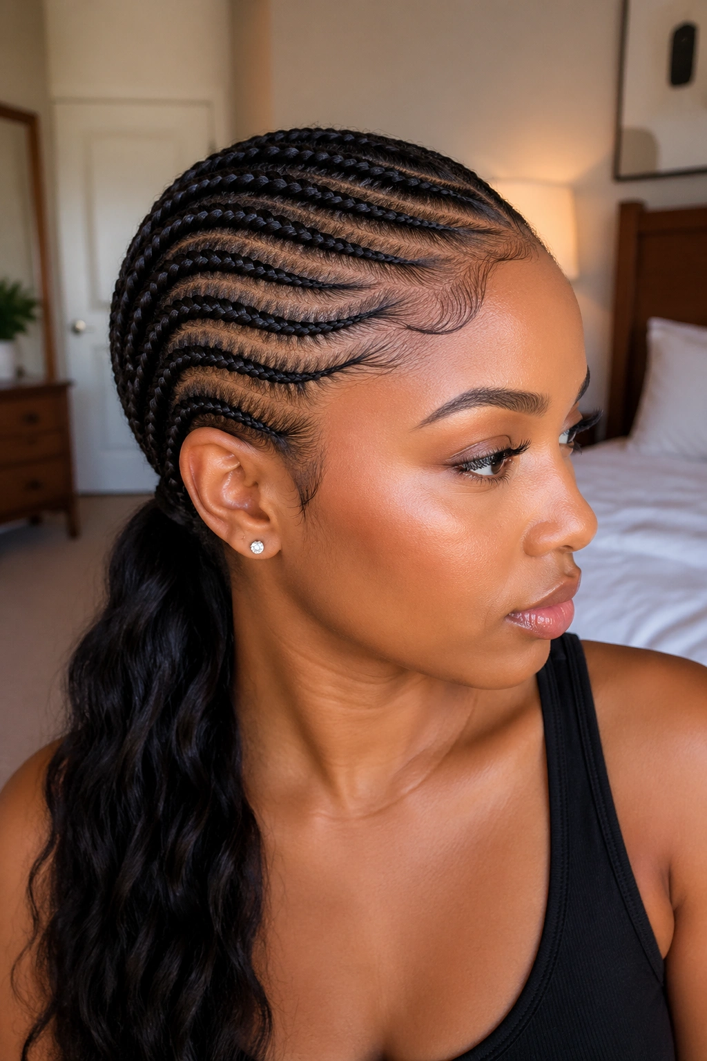 Close-up portrait of side-swept cornrows feeding into a low ponytail on a real woman under natural window light