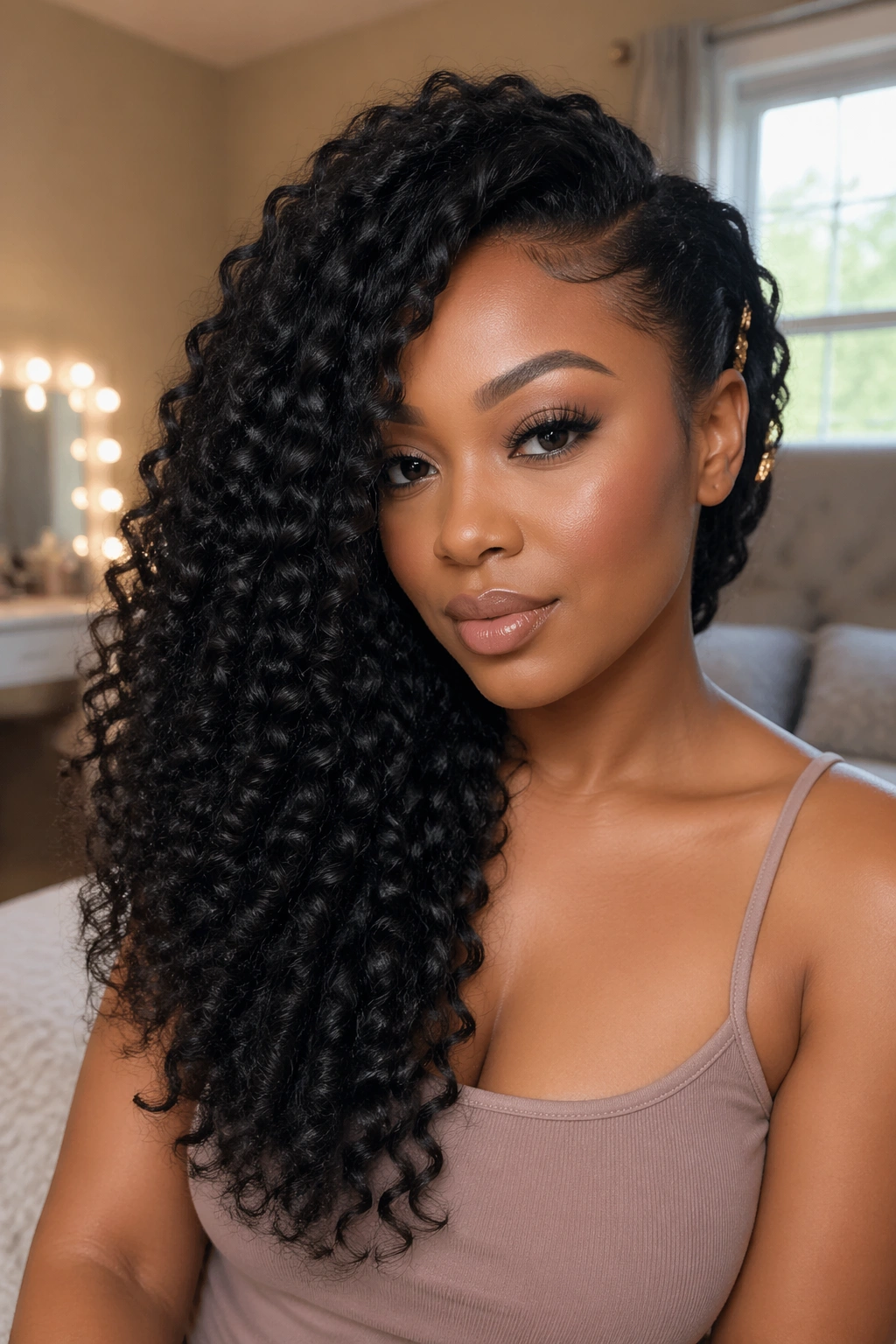 Real woman with side-swept crochet curls draped over one shoulder, portrait in warm bedroom light