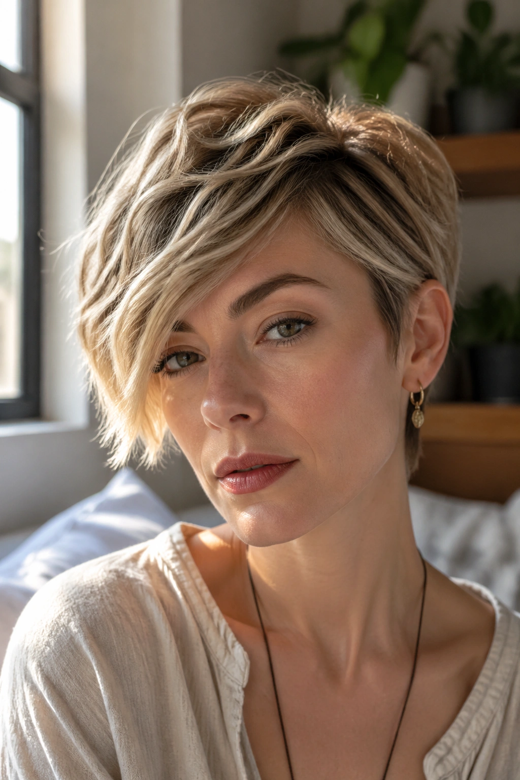 Close-up of a real woman with a side-swept crop under natural window light