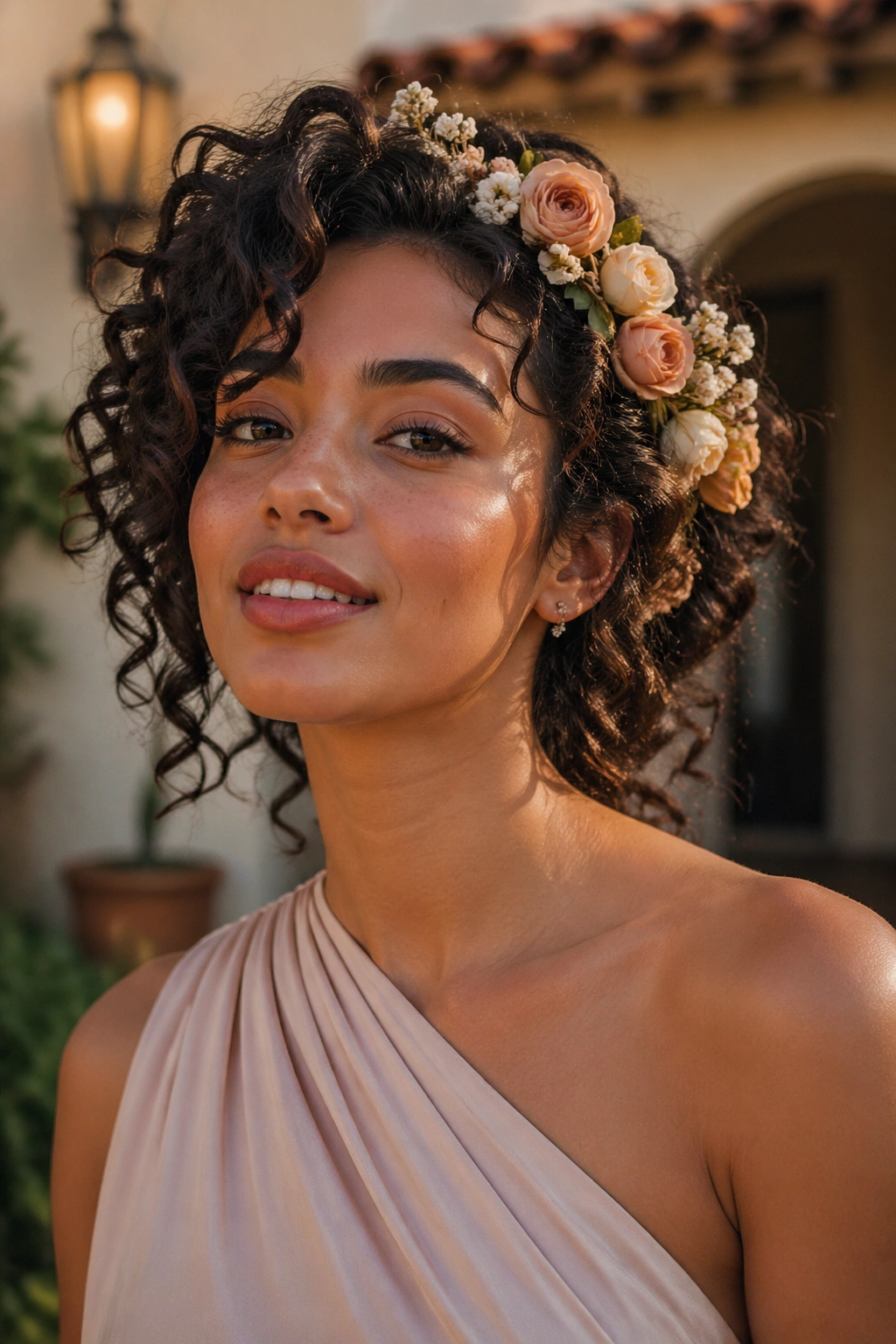 Close-up of a person wearing a side-swept flower crown with a one-shoulder neckline outdoors.