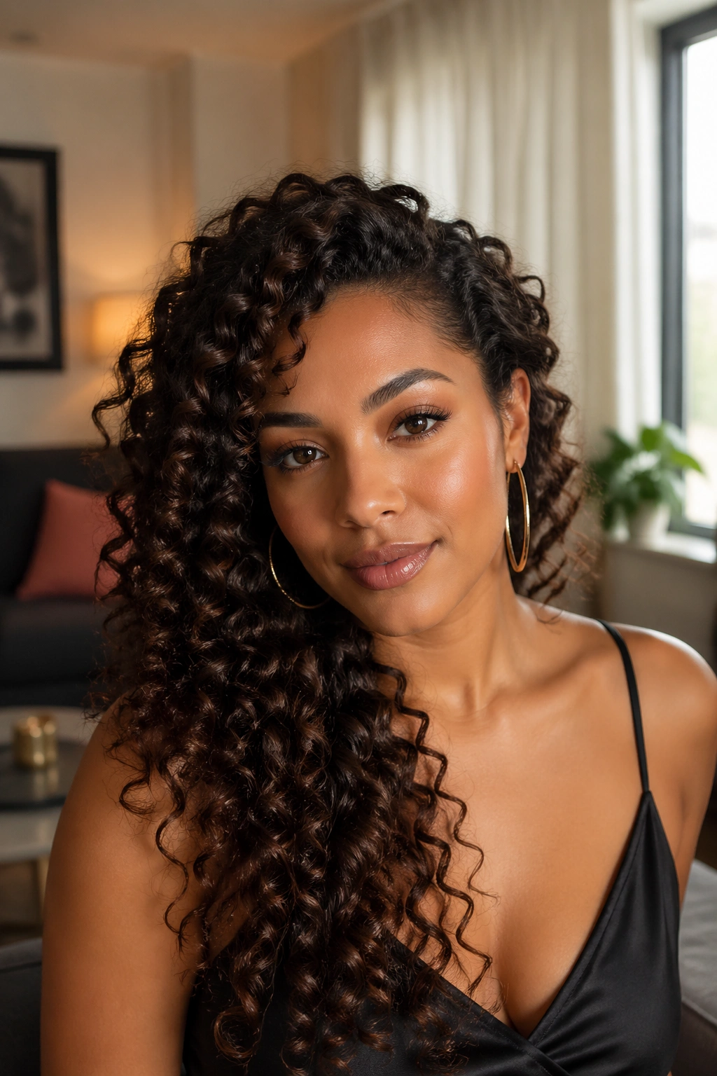 Close-up of side-swept curls cascading over a shoulder in warm light