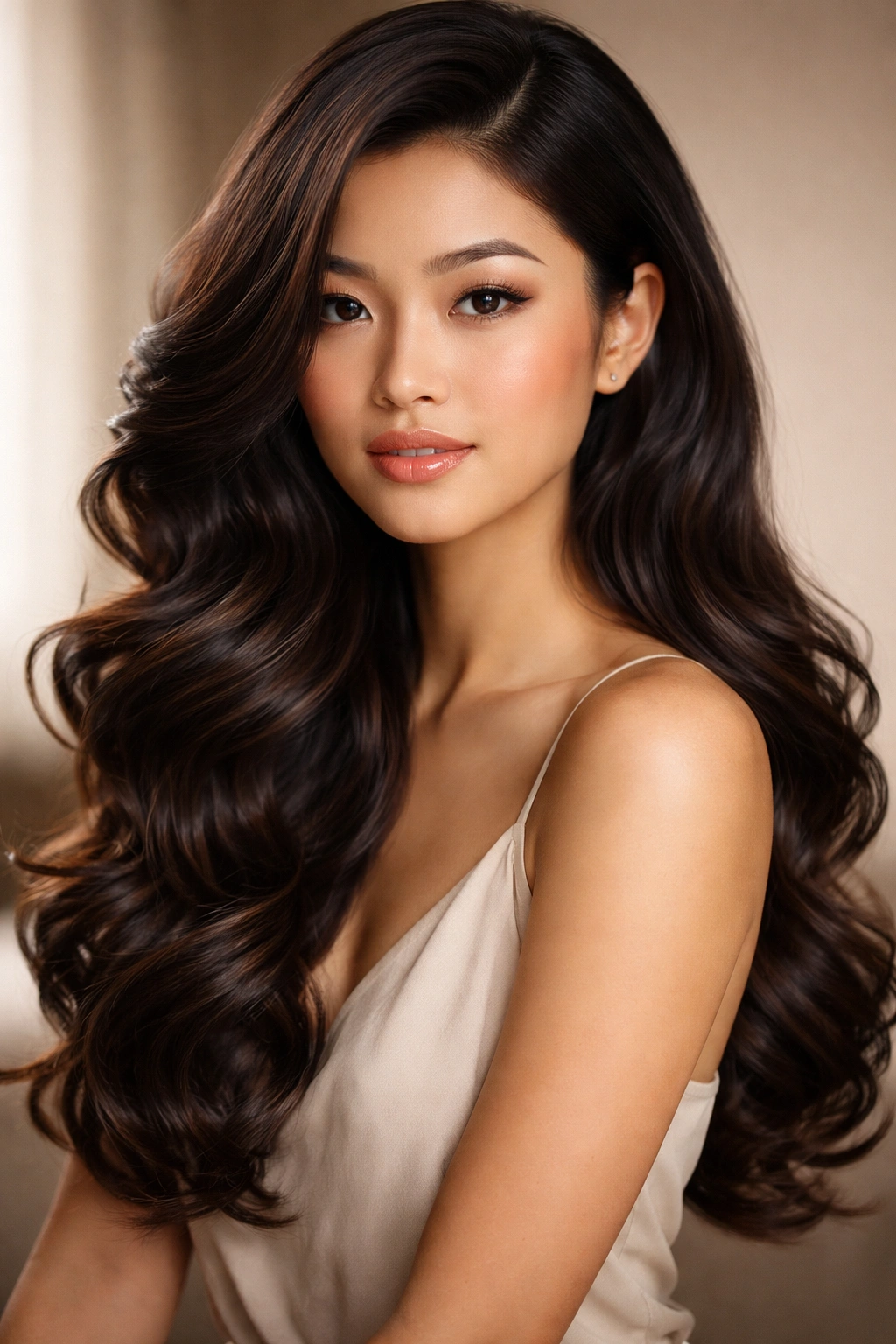 Portrait of long hair with a deep side part and glossy, side-swept curls