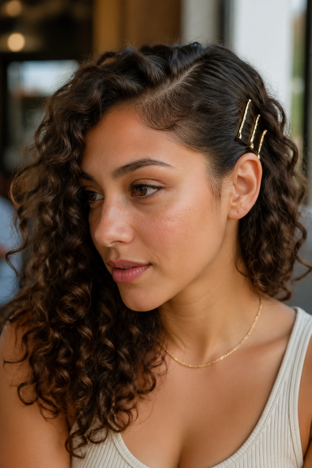 Close up of a real woman with side swept curls pinned behind the ear with ridged bobby pins