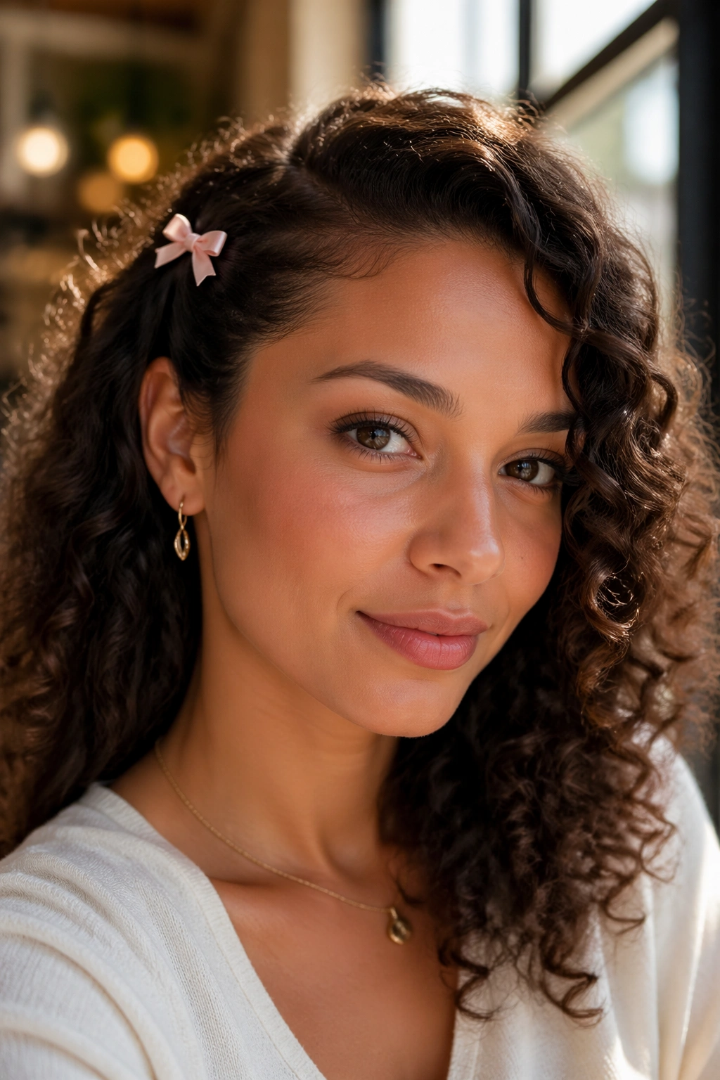 Close-up of a real woman with side-swept curls and a small bow clip.