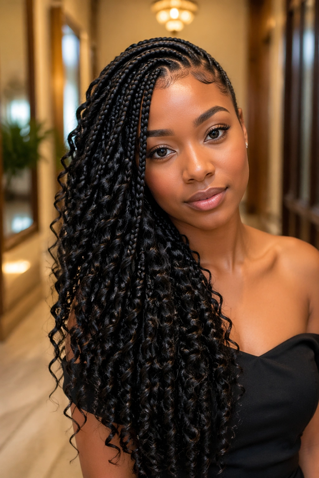 Close-up portrait of a real woman with Side-Swept Curly Box Braids draped over one shoulder
