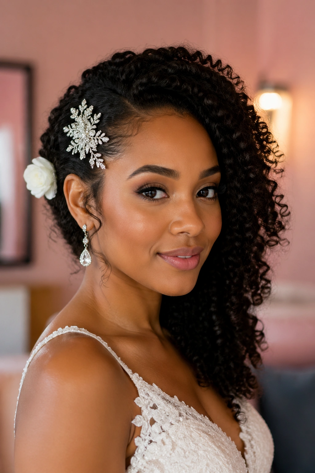 Close-up of a bride with side-swept curls and decorative clip