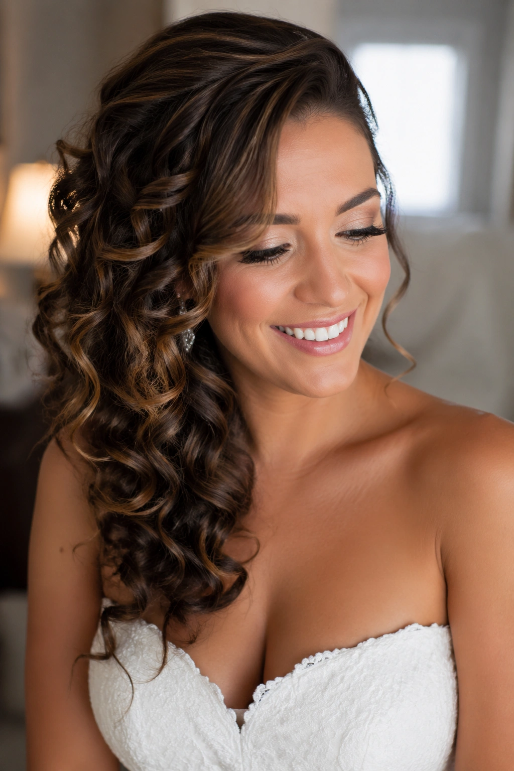 Close-up of a bride with side-swept glam curls cascading over one shoulder