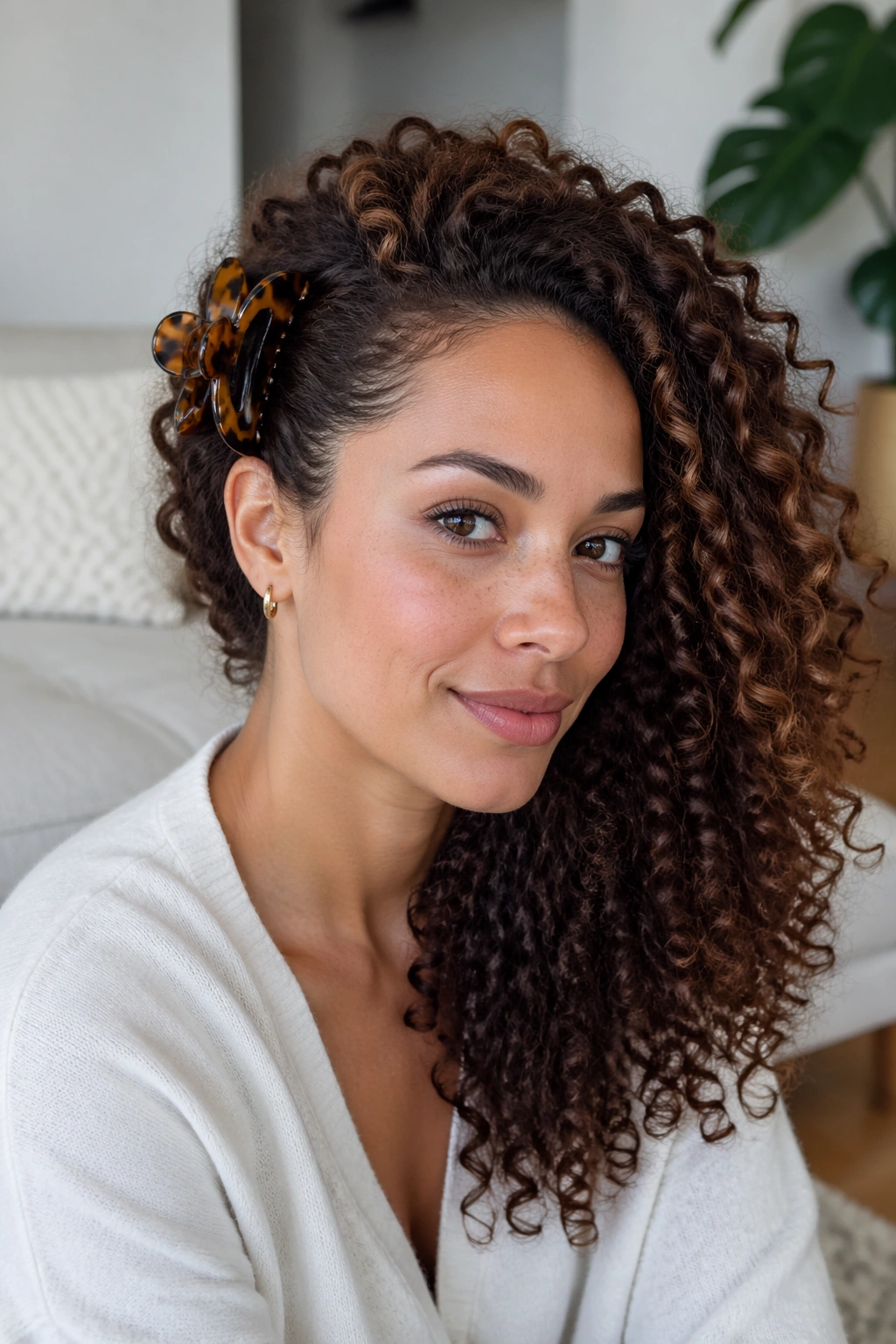 Close-up side-swept butterfly clip styling on curly hair at the temple