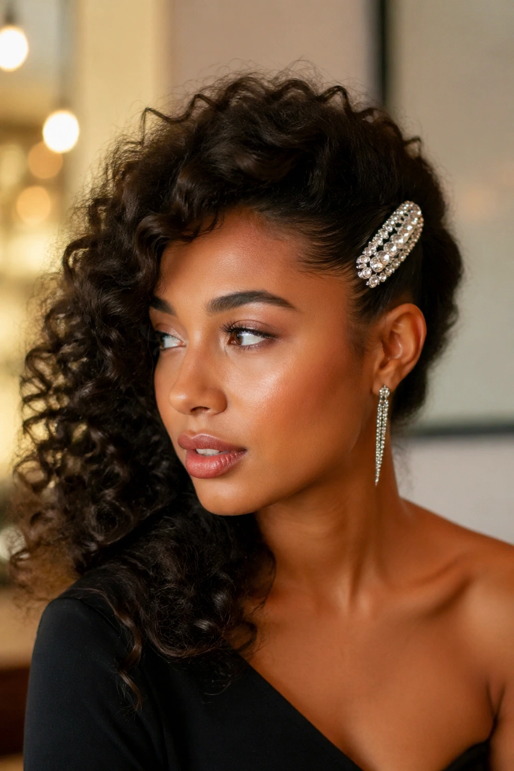 Close-up of a real woman with curly hair swept to one side and a large statement clip