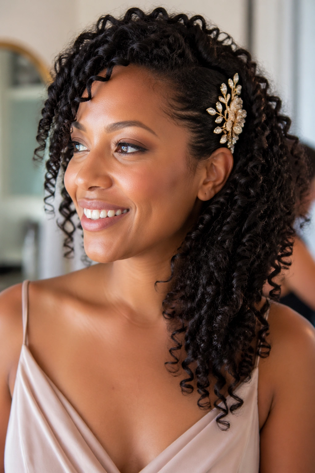 Close-up of a real woman with side-swept curls and a decorative clip.