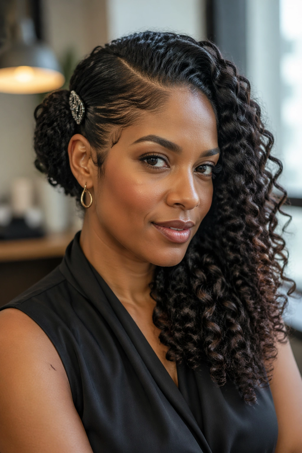 Close-up portrait of a real woman with a side-swept curly roll secured by a clip