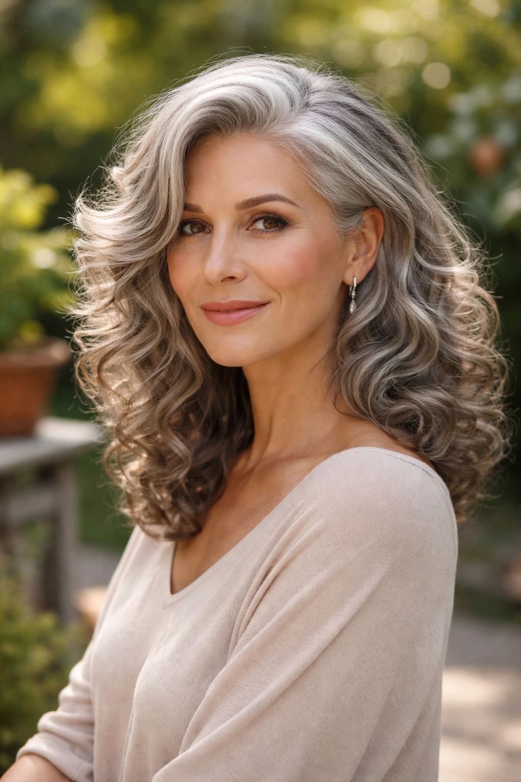 Close-up portrait of a real woman with side-swept grey curls