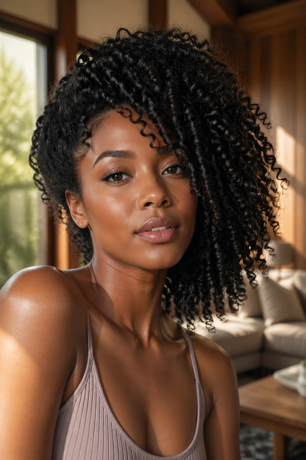 Close-up of a real woman with side-swept voluminous curls