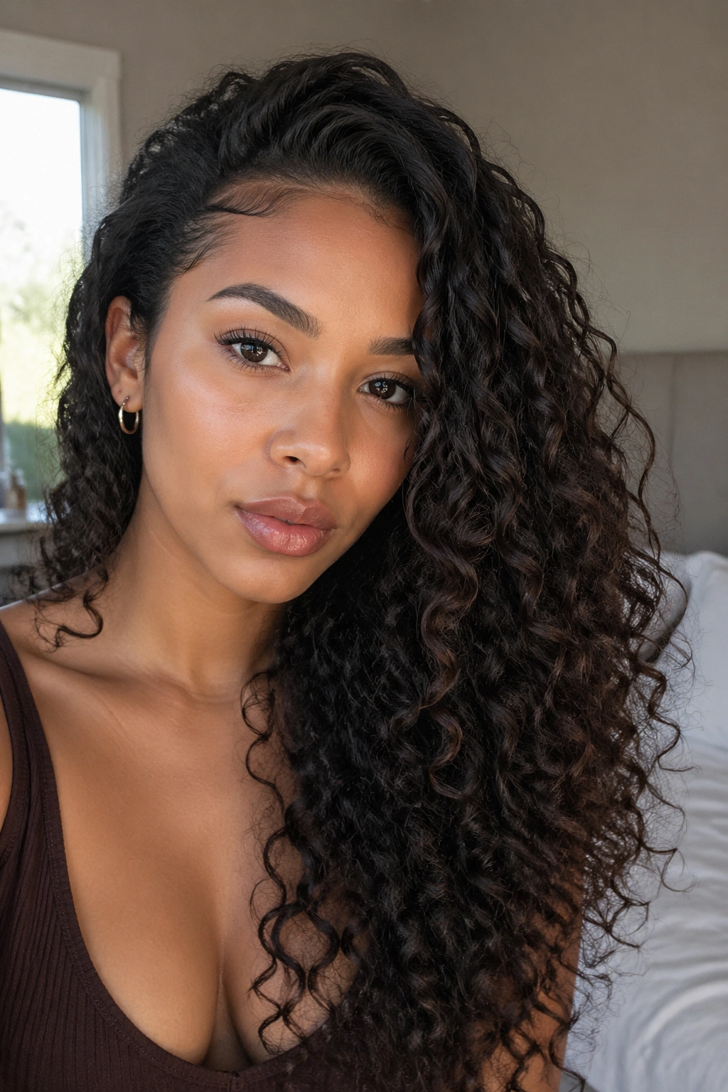 Close-up portrait of side-swept long curls on a real woman with natural lighting