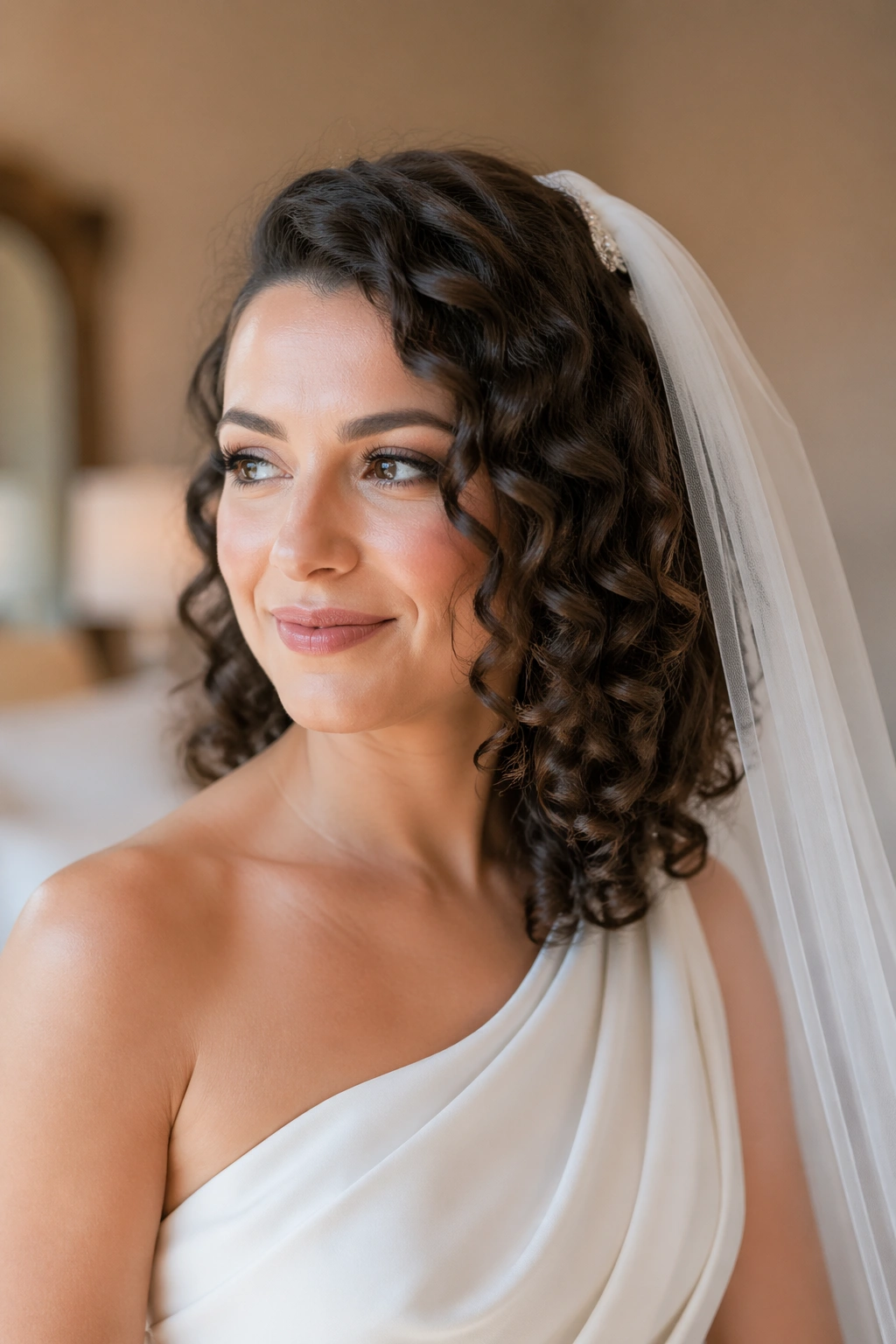 Shoulder-length curls with one-sided veil on real bride.