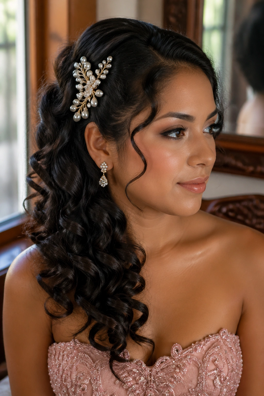Close-up of a real woman with side-swept curls secured by an ornate pearl-crystal comb