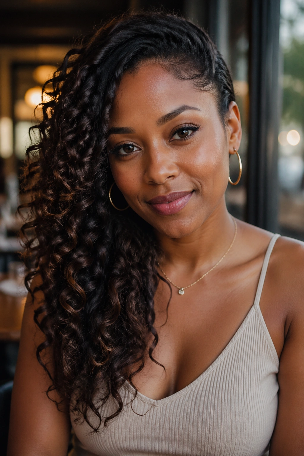 Close-up of a real woman with side-swept curls over one shoulder