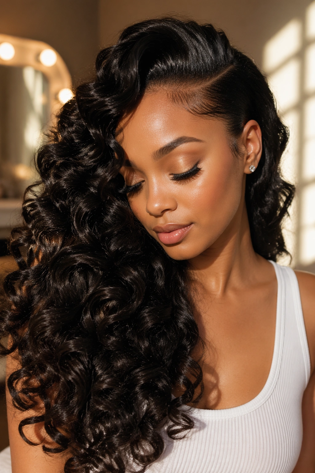 Close-up of a real woman with large side-swept curls over one shoulder in a softly lit dressing room