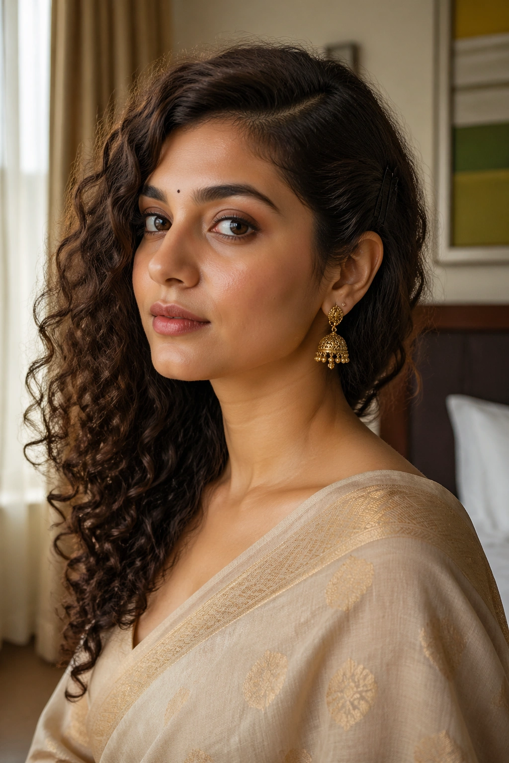 Close-up portrait of a real woman with side-swept curls and a deep side part beside a saree