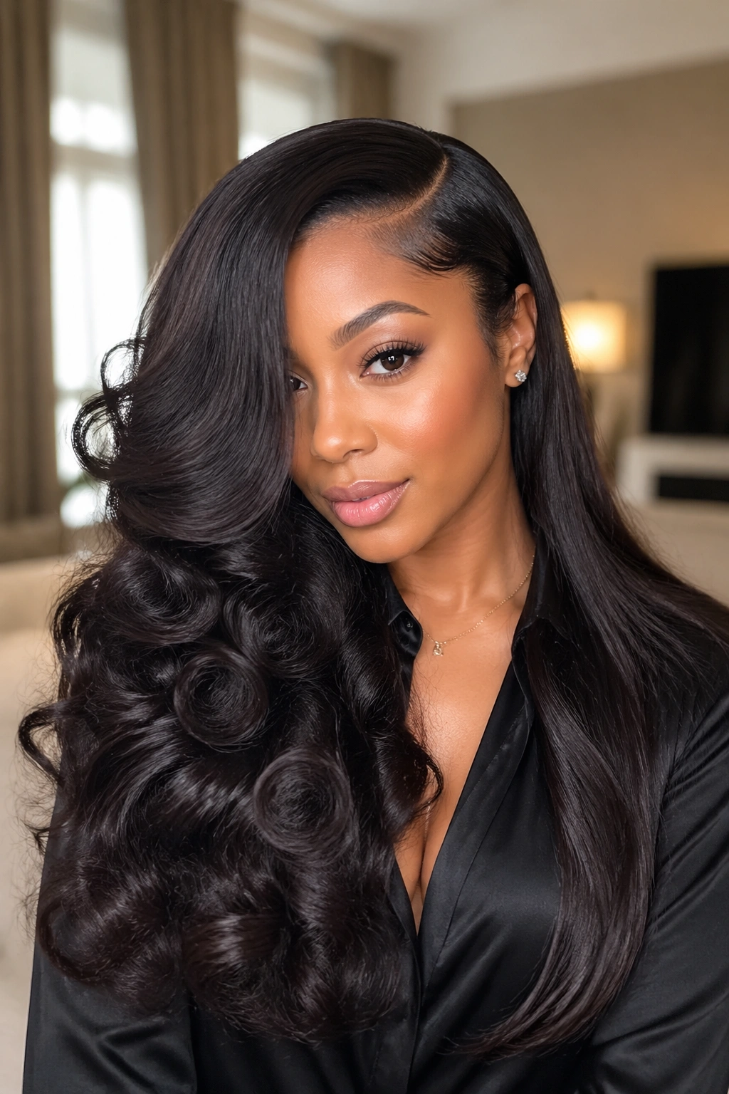 Close-up of a real woman with a deep side part and side-swept curls