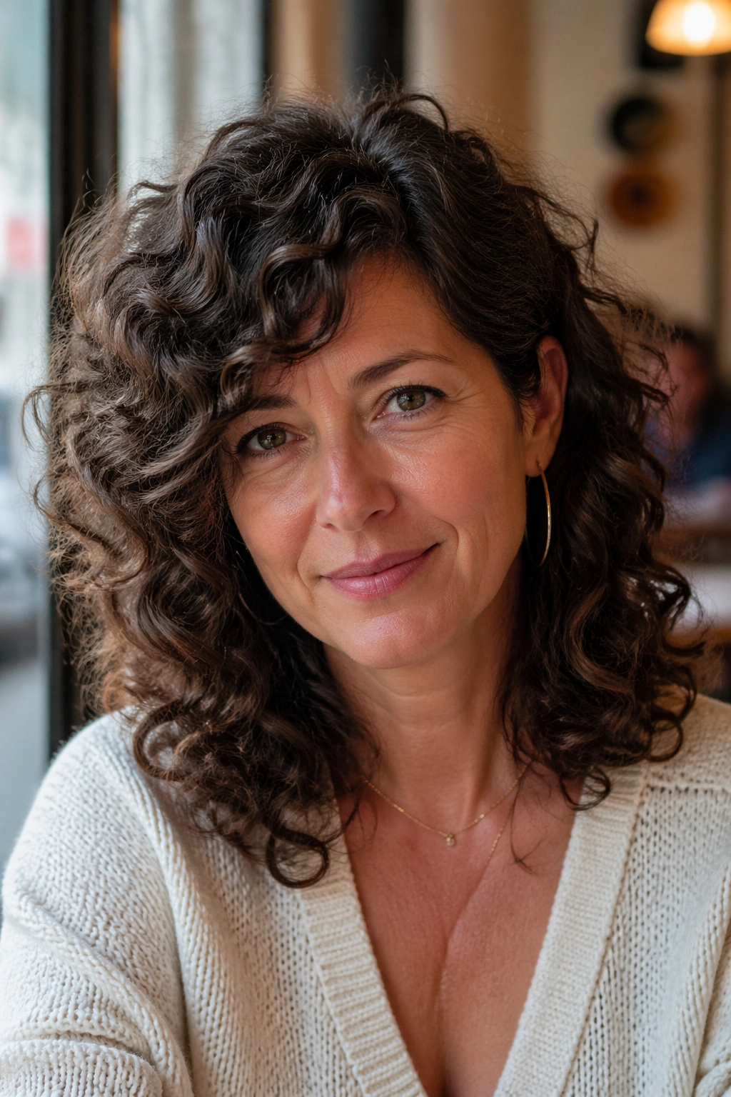 Close-up of a real woman with side-swept curly bangs and medium-length curls at a cafe window.