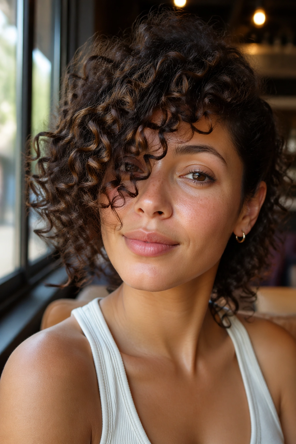 Close-up of a real person with side-swept curly bangs in warm ambient light.