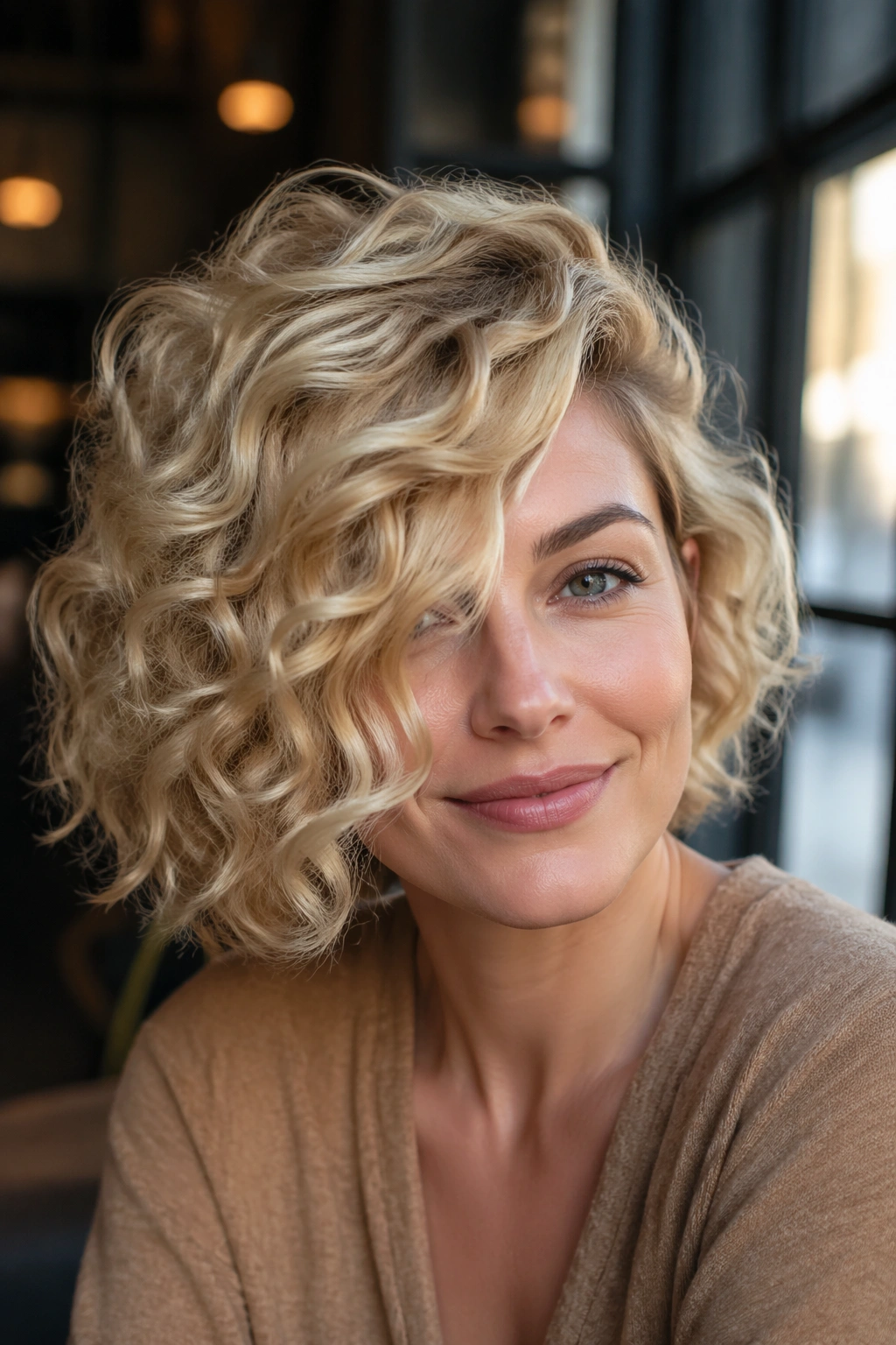 Close-up of real woman with deep side-swept blonde curly bob in natural light.