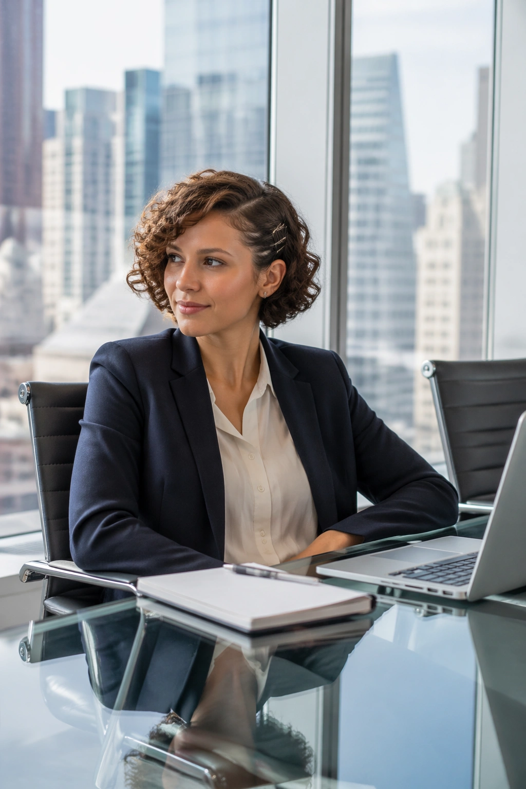 Wide shot of side-swept curly bob with pins in a modern office.