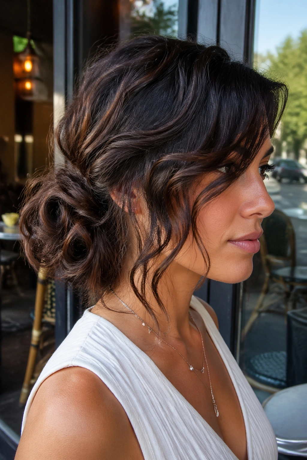 Close-up of a real person with a side-swept curly bun and long bangs by a cafe doorway