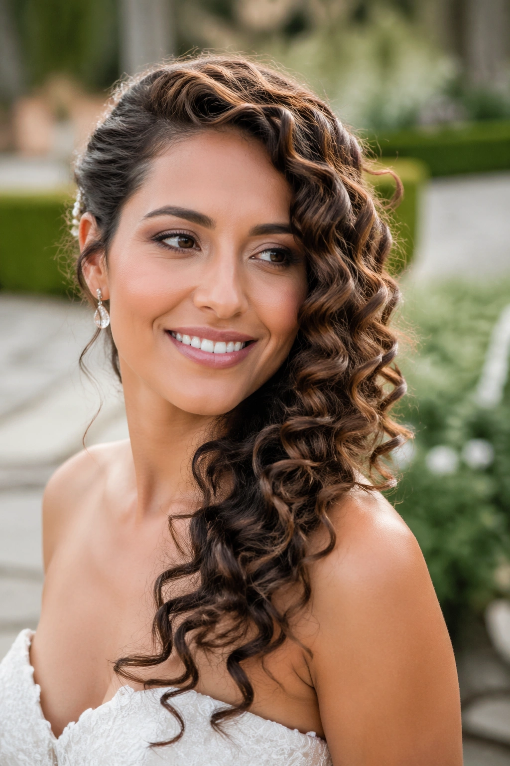 Medium close-up of side-swept curly cascade hairstyle
