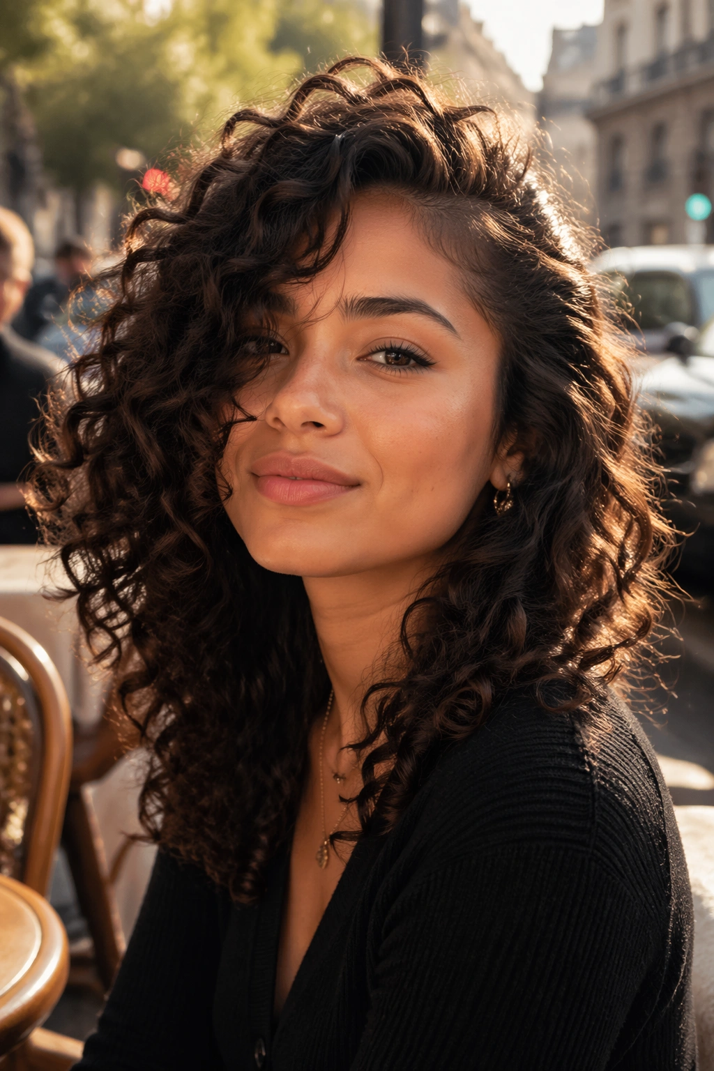 Close-up of real woman with side-swept curls and layers