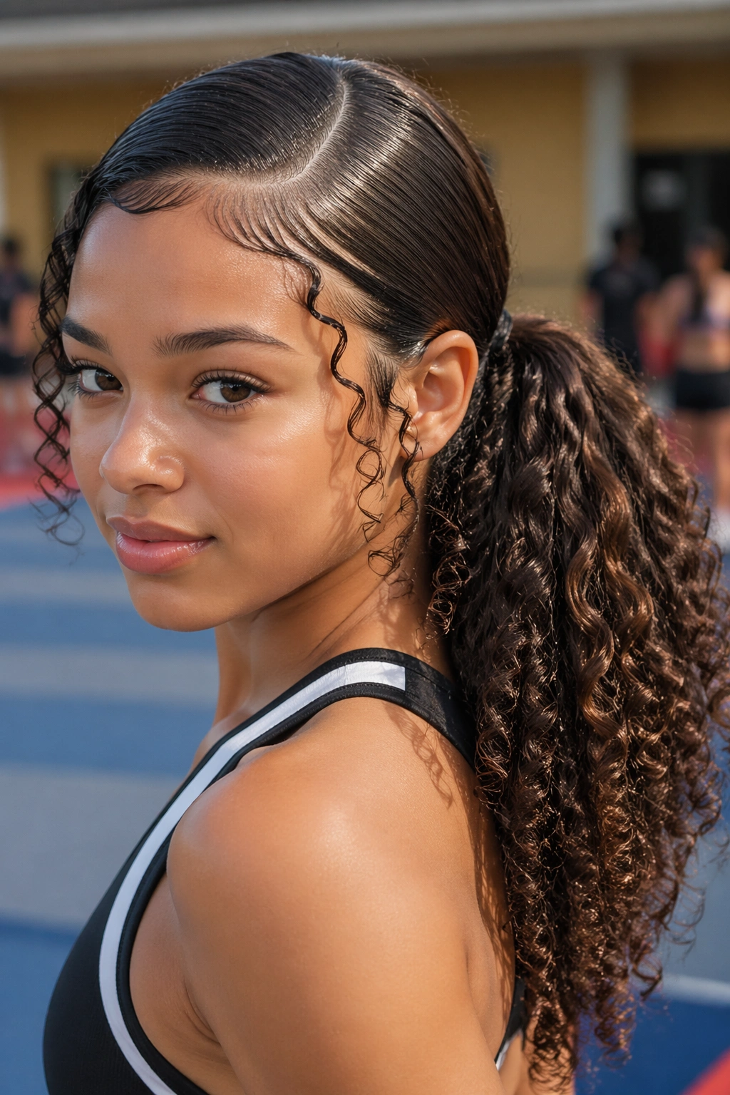 Side-swept curly ponytail with deep side part on a real person