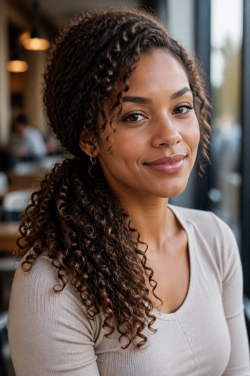 Real woman with a side-swept curly ponytail over one shoulder