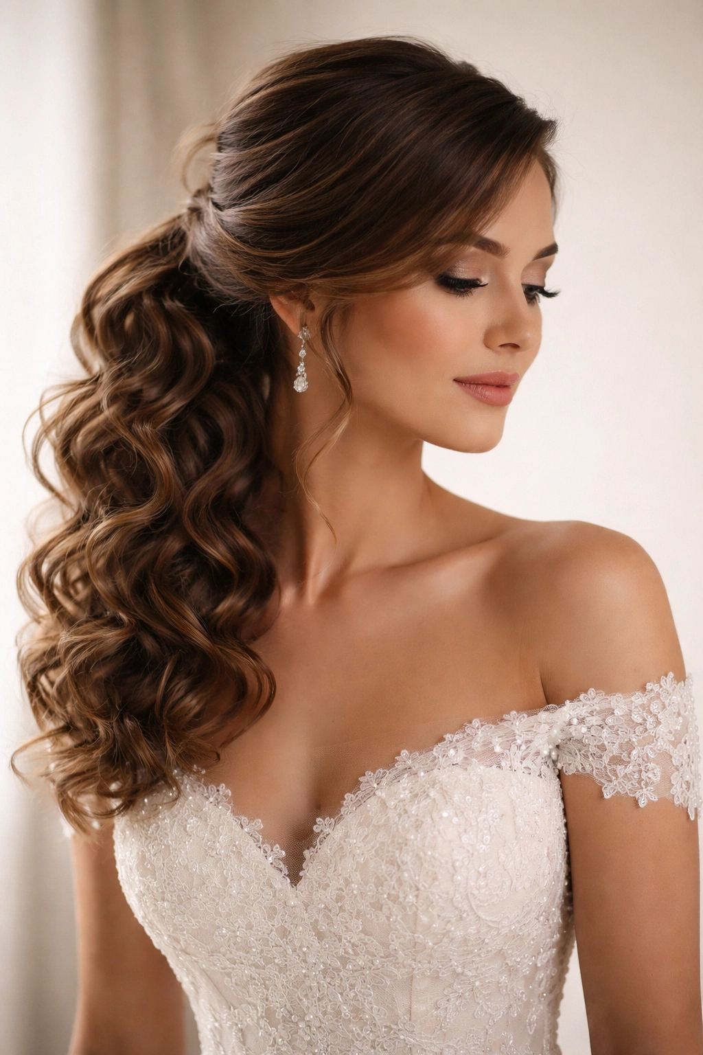 Side-swept curly ponytail with deep part and side-gathered curls