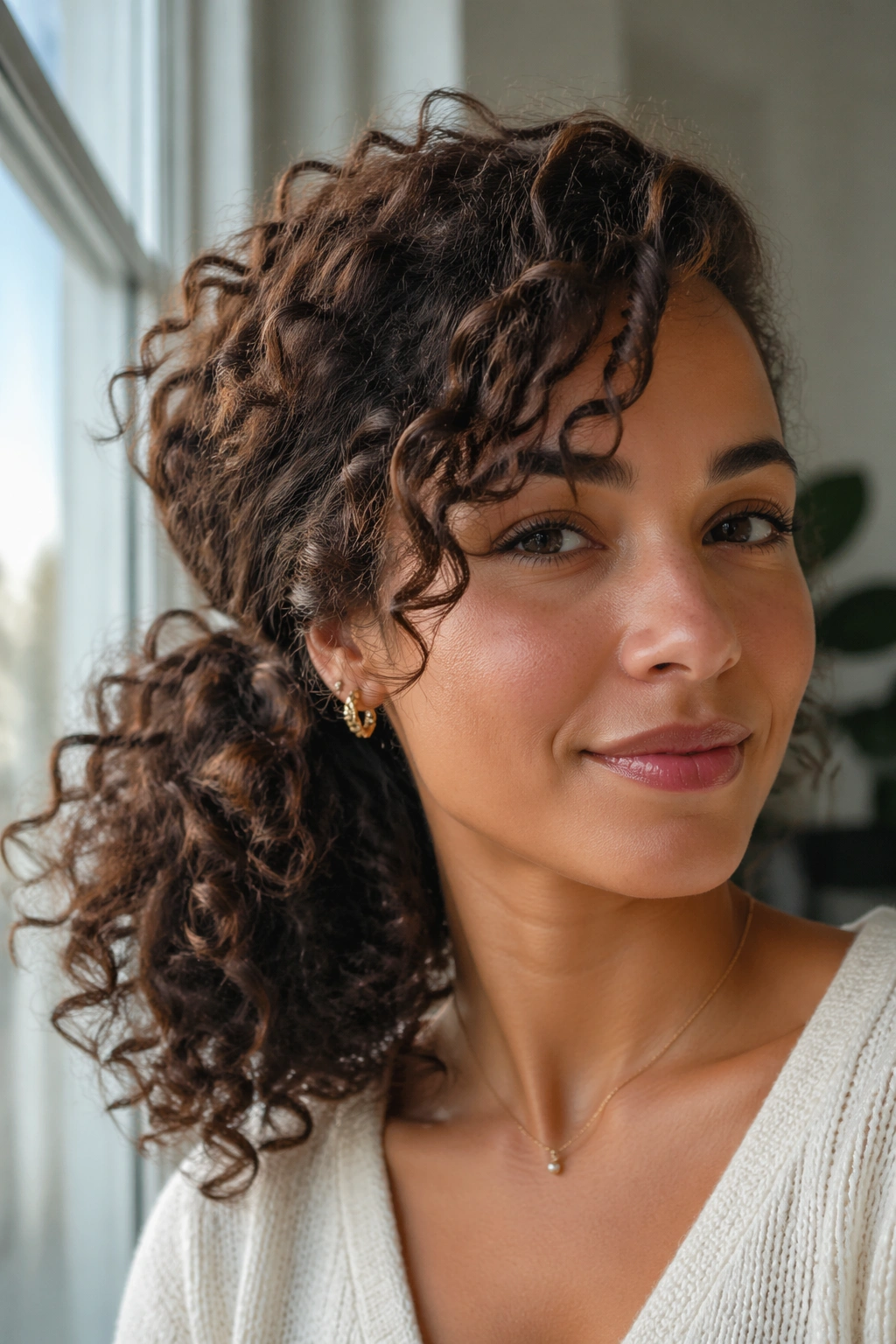 Close-up portrait of a real woman with a side-swept curly ponytail behind one ear