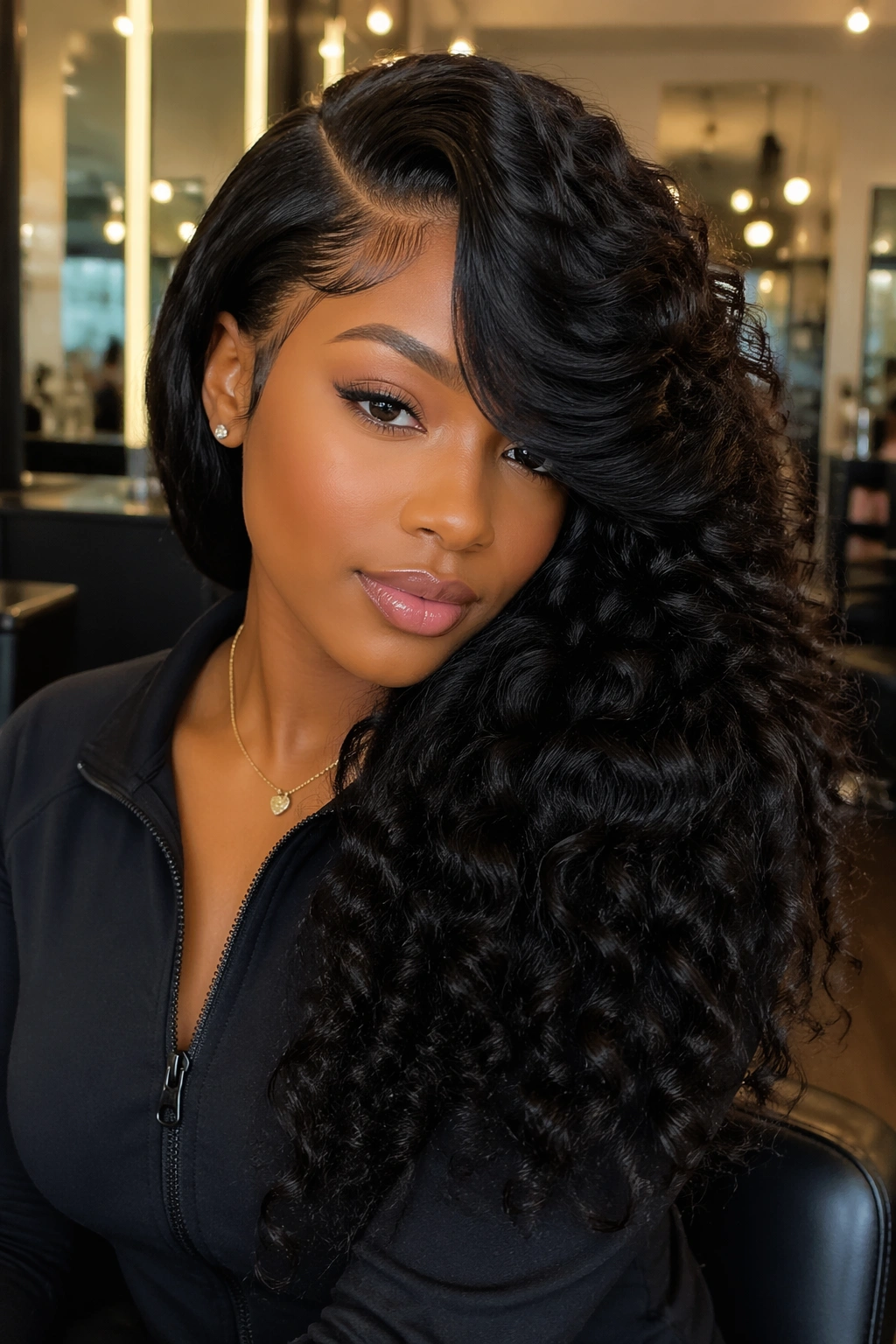 Side-swept glam curly closure wig on a real person, close-up portrait.