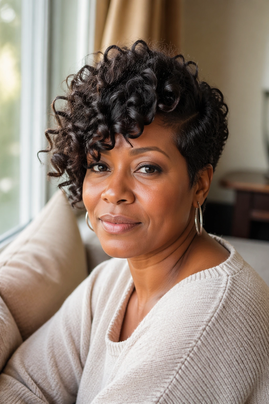 Close-up of a real person with a side-swept short curly wig showing natural part and side sweep