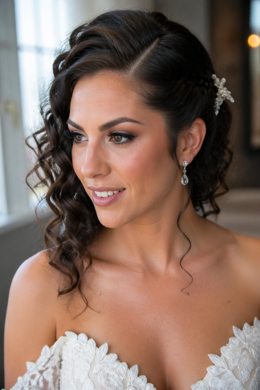 Close-up of a real bride with a side-swept deep part hairstyle and soft curls framing the face
