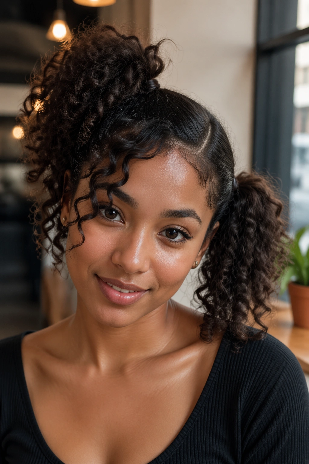 Close-up of side-swept double ponytails on a real person