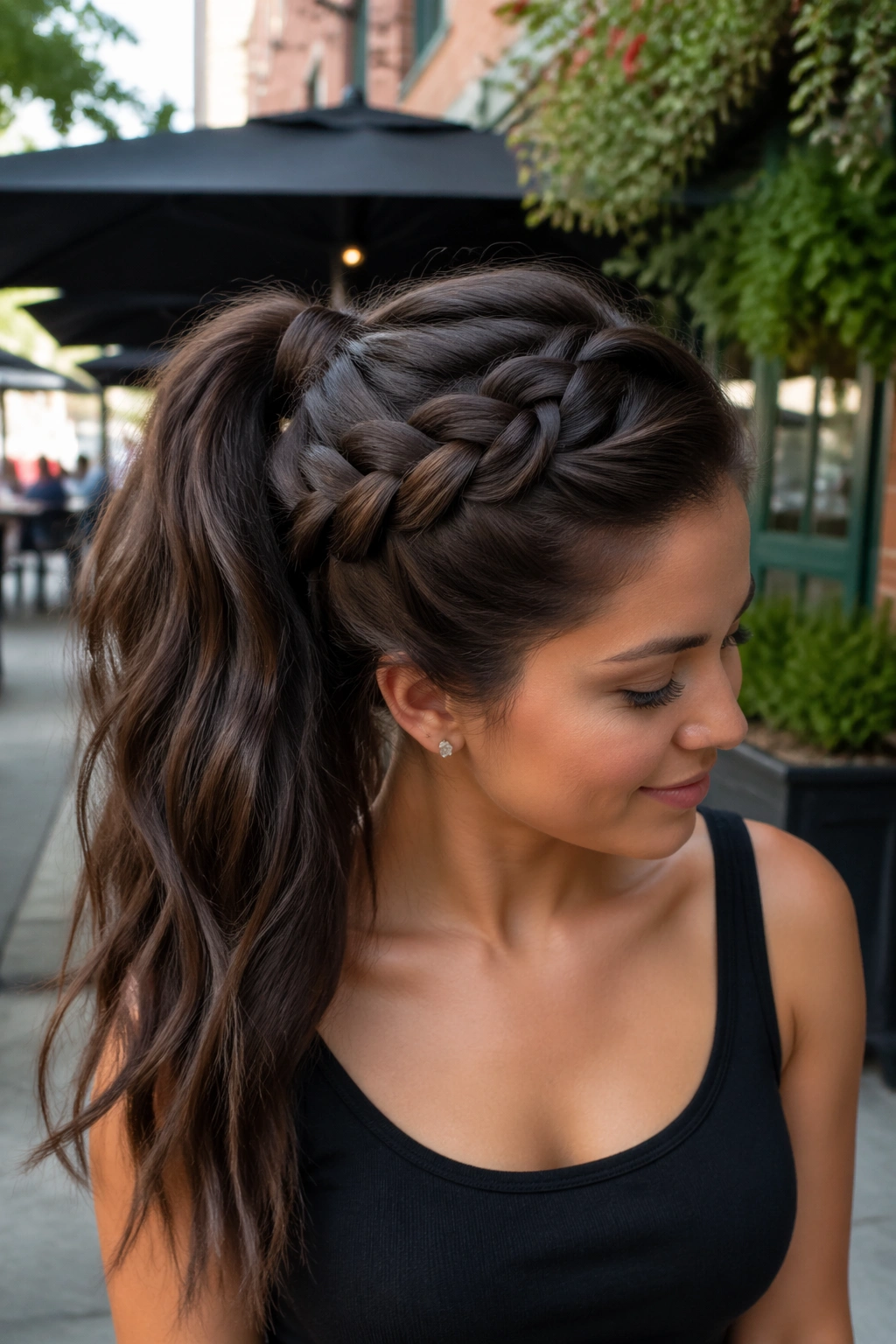 Close-up of side-swept Dutch braid ponytail on a real person in daylight
