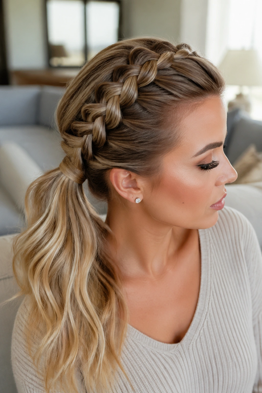 Close-up portrait of a real woman with a side-swept Dutch braid leading to a ponytail.