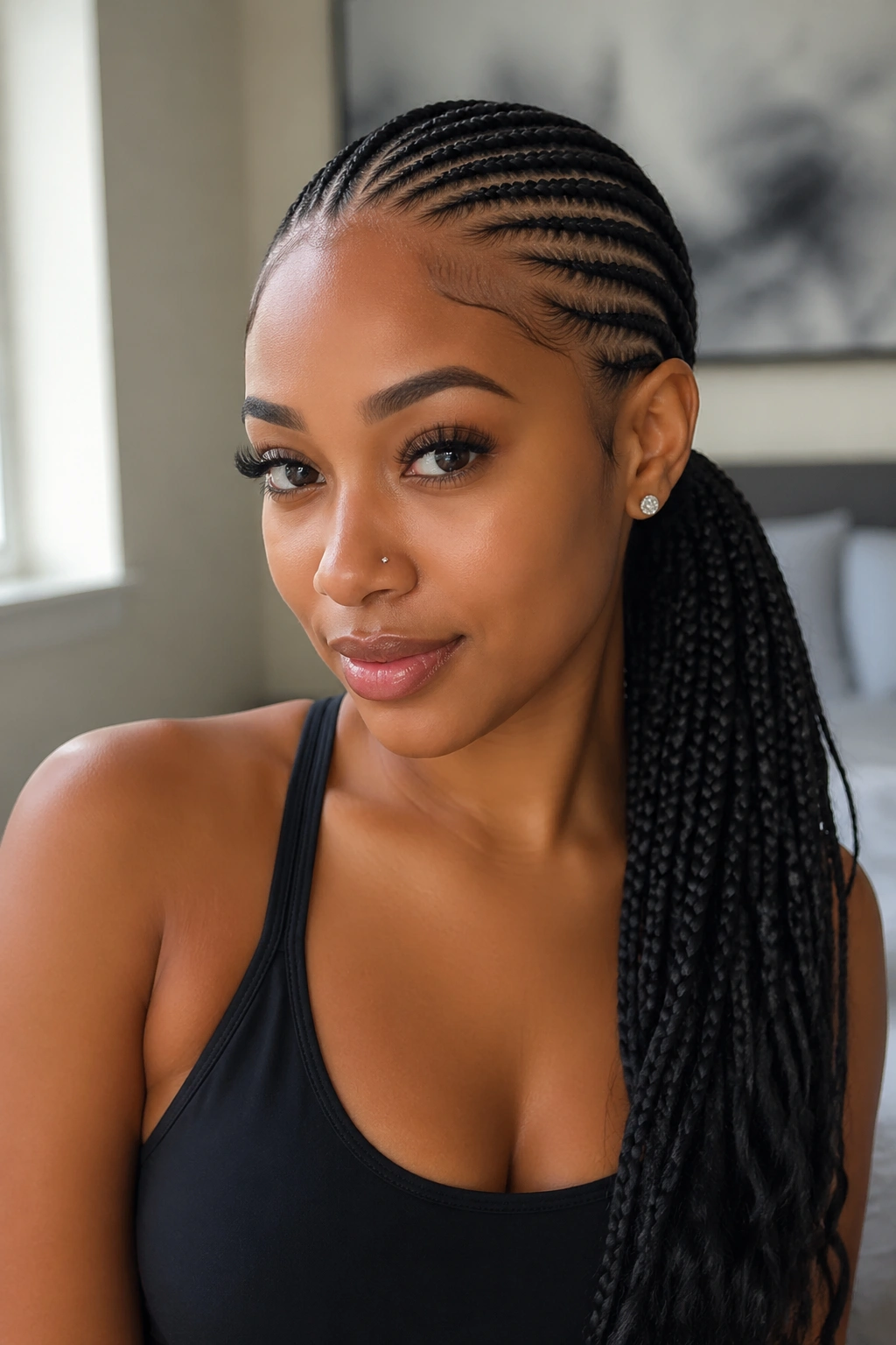 Close-up of side-swept feed-in ponytail on a real woman with diagonal cornrows and shoulder-length ponytail
