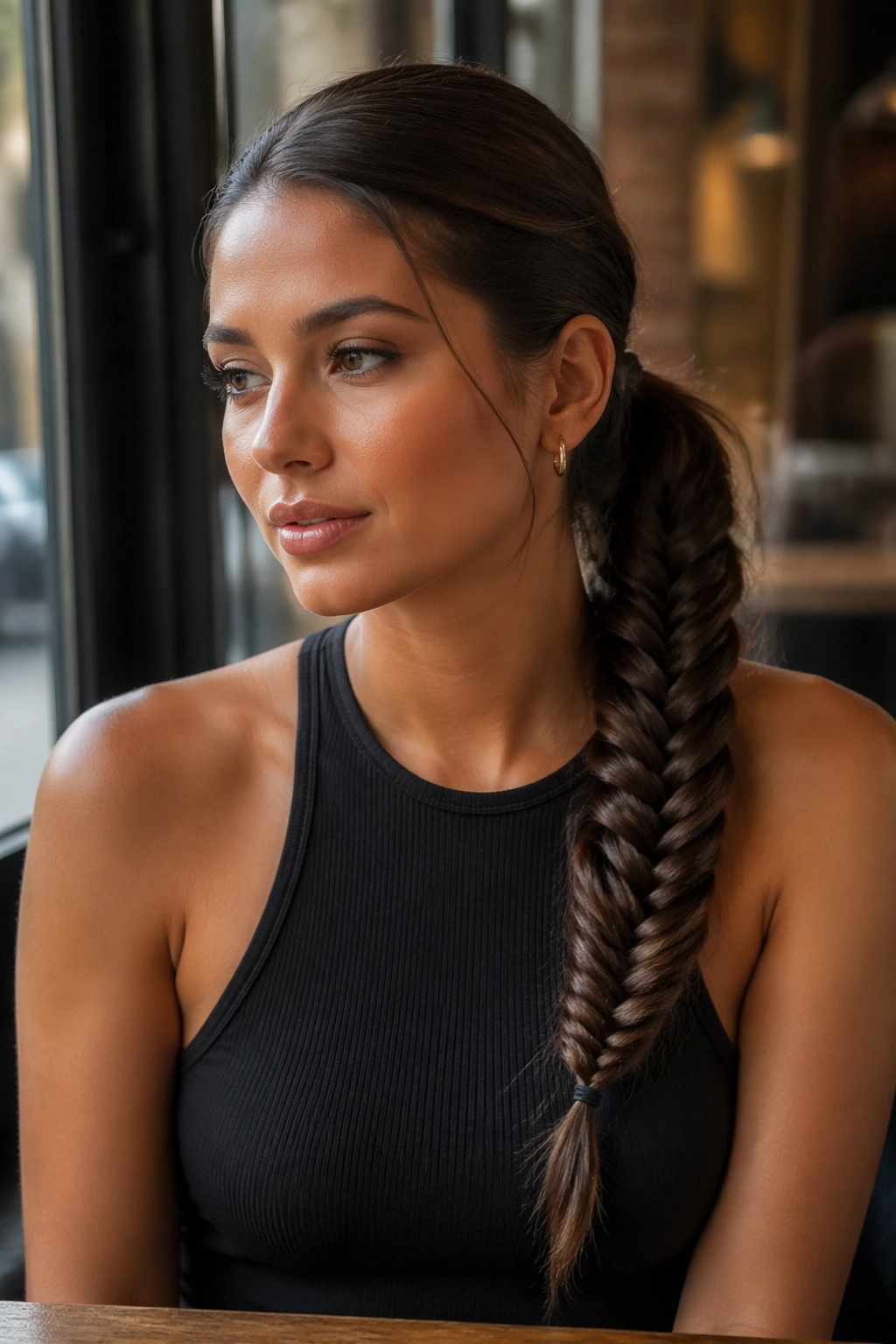 Close-up of a real woman with a side-swept fishtail mid ponytail