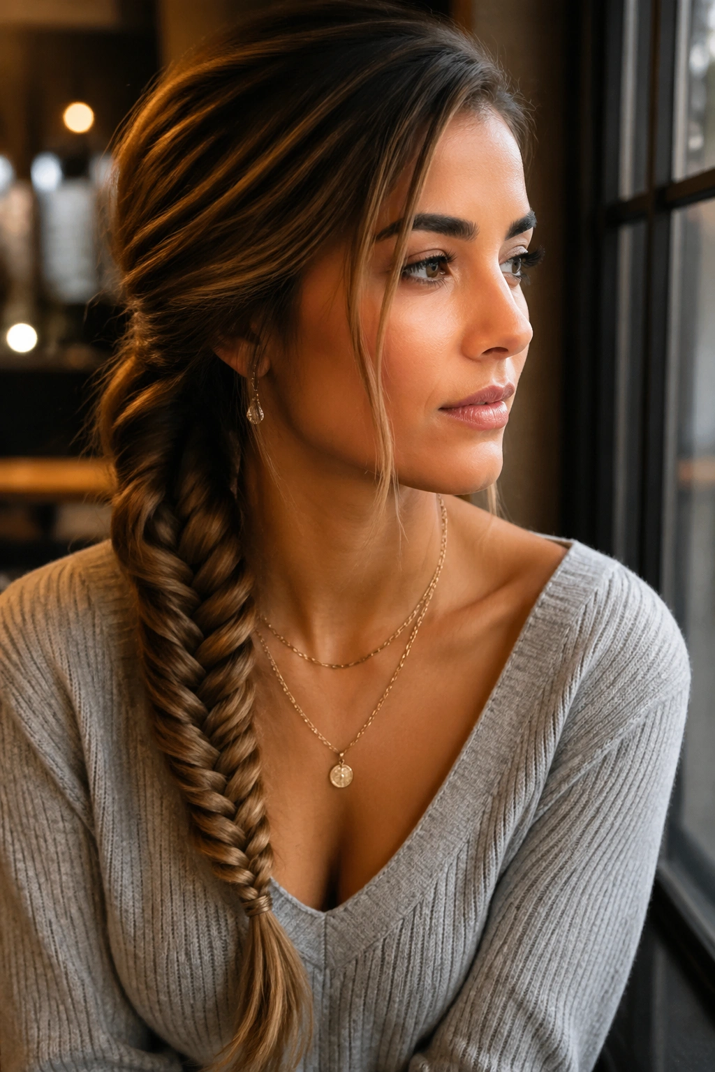 Portrait of a real woman with a side-swept fishtail ponytail over the shoulder