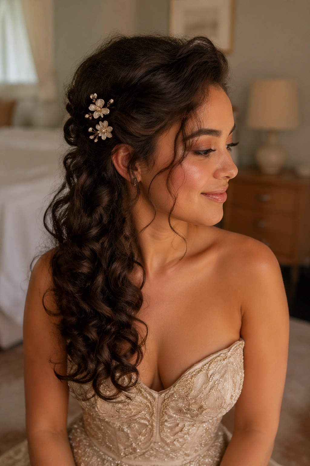 Close-up portrait of a woman with a side-swept half-up hairstyle pinned behind the ear with floral pins