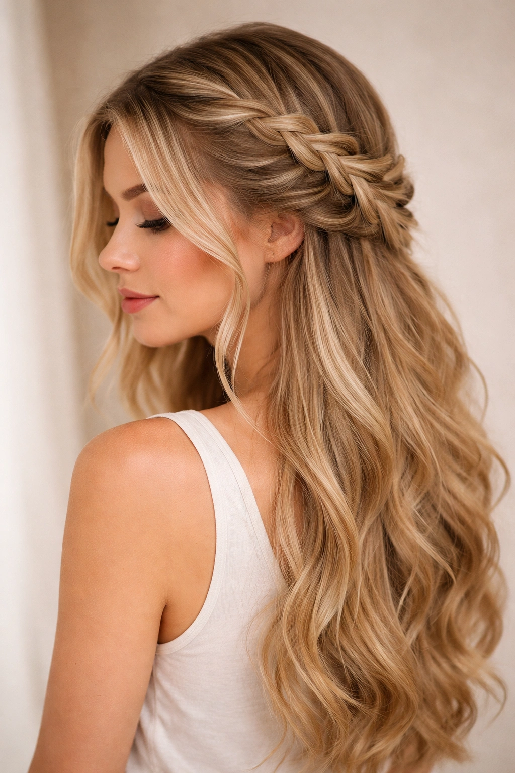 Side-swept French braid across the head with layered texture
